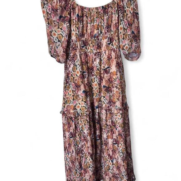 Floral Fall Colors Square-Neck Ruffle-Tier Midi Dress Size Small - Picture 4 of 7